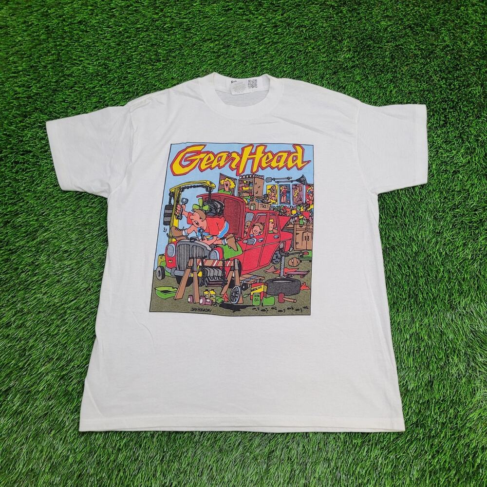 Vintage 80s Gear-Head Car Repair Comic Shirt M 20x26 Auto-Shop Humor